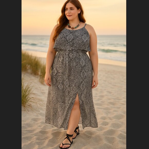 Torrid Dresses & Skirts - Torrid Black White Ikat High Neck Tank Ruffle Chiffon Slit Maxi Dress 1x 14 16